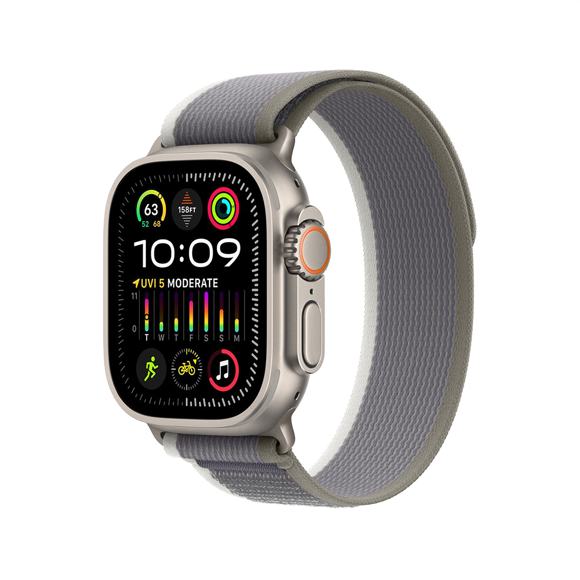 Apple Watch Ultra 2 Titanium with Green Gray Trail Loop side view