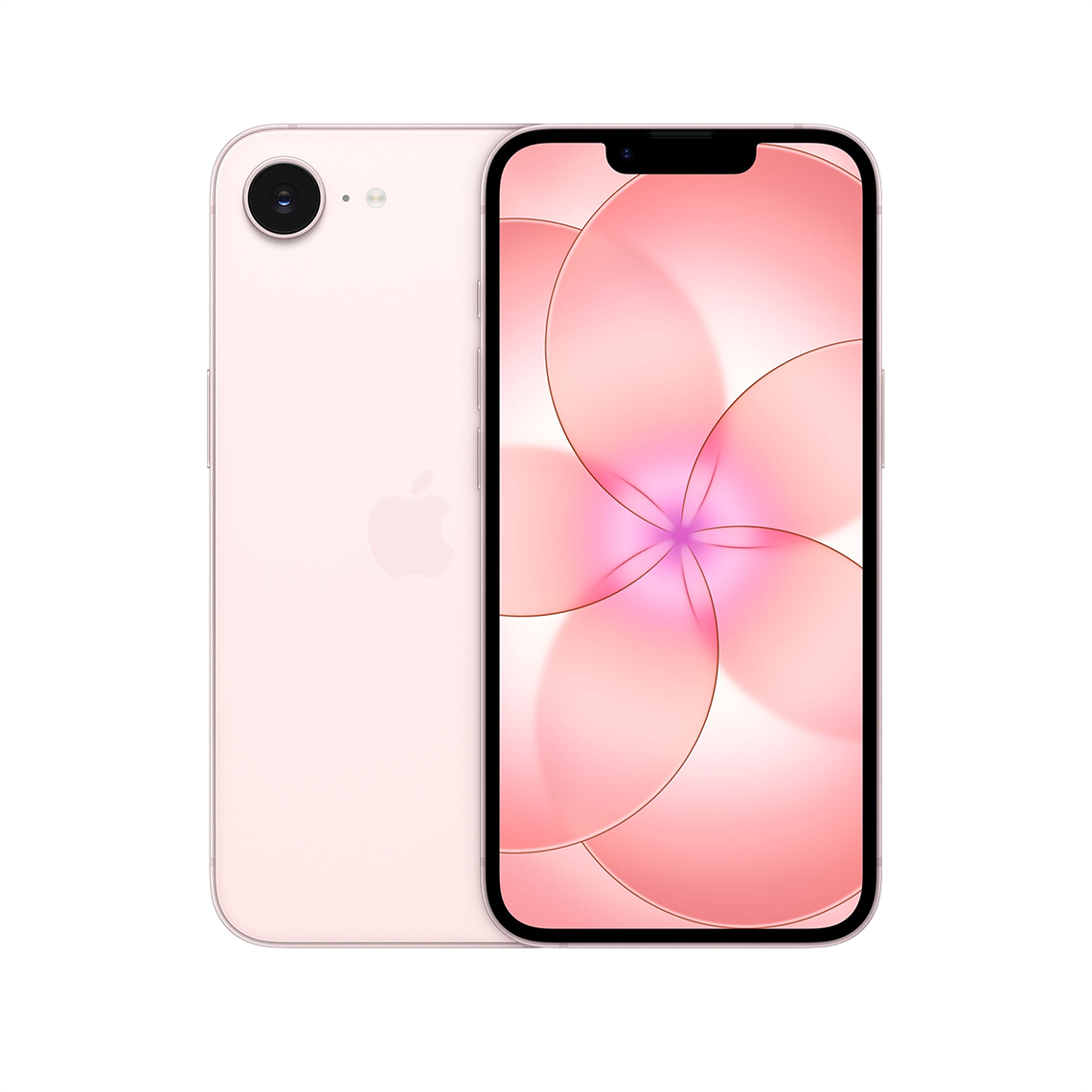 The Apple iPhone 17e soft pink color with front and rear view
