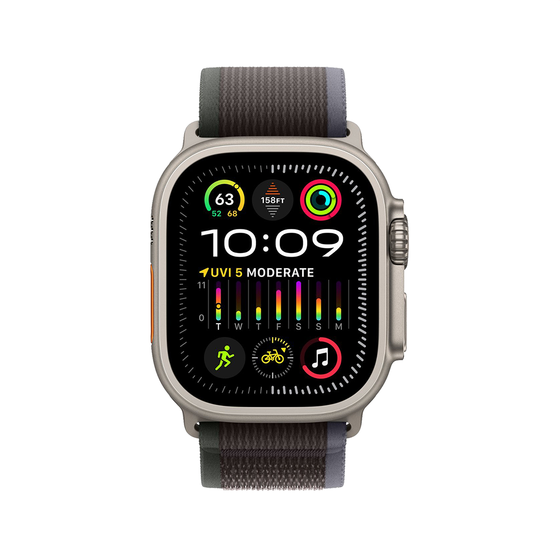 Apple Watch Ultra 2 Titanium with Blue Black Trail Loop front view