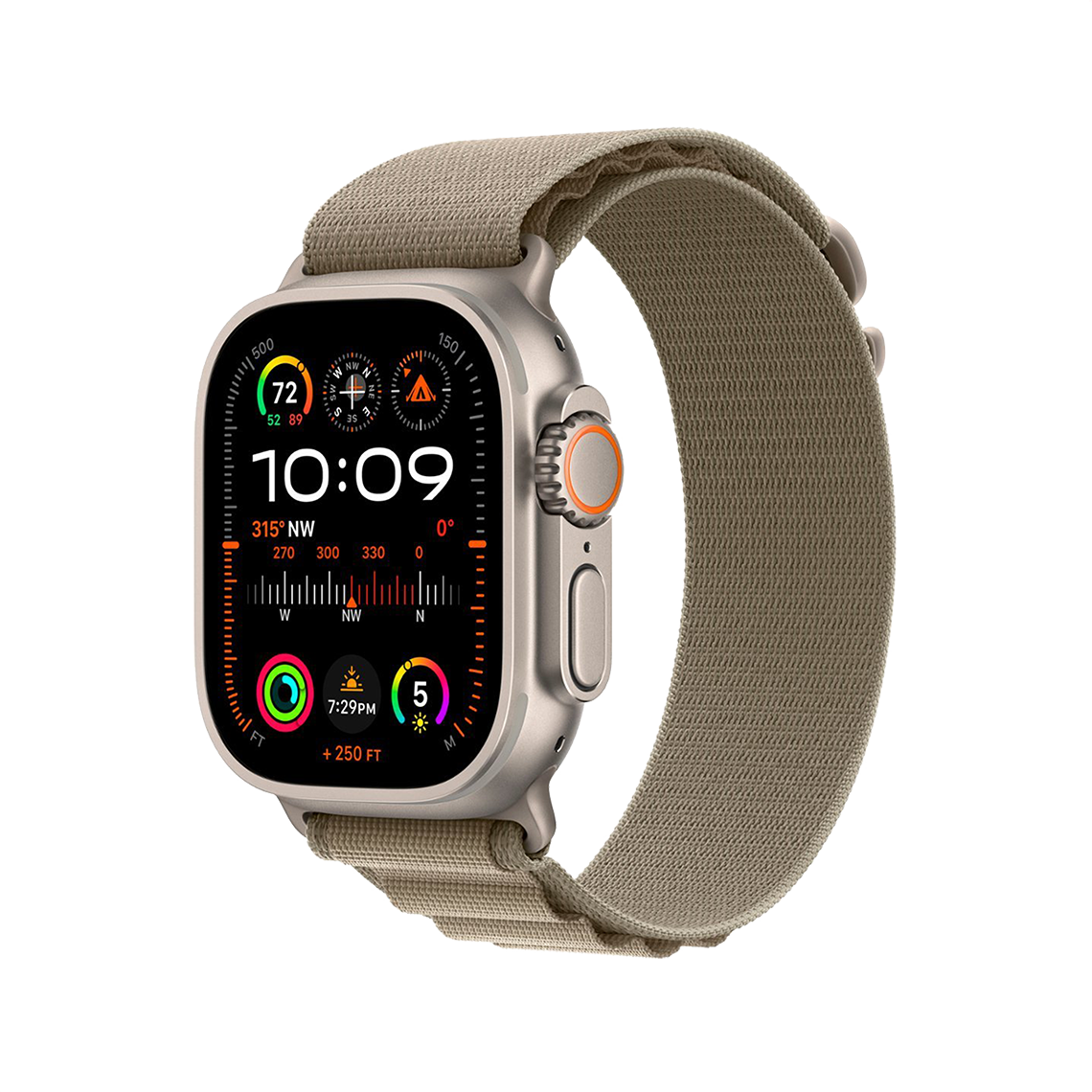 Apple Watch Ultra 2 Titanium with Olive Alpine Loop side view