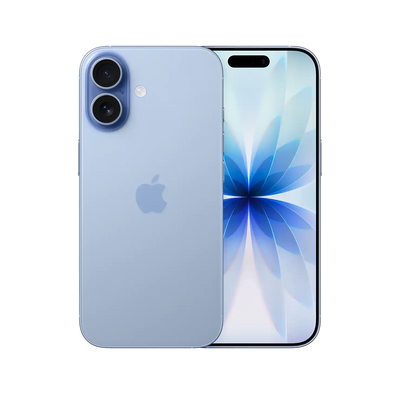 The Apple iPhone 17 mist blue color with front and rear view