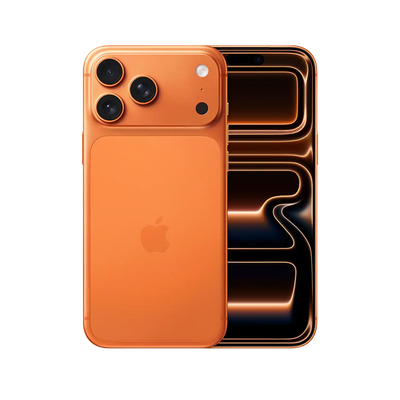 The Apple iPhone 17 Pro Max cosmic ornage color with front and rear view