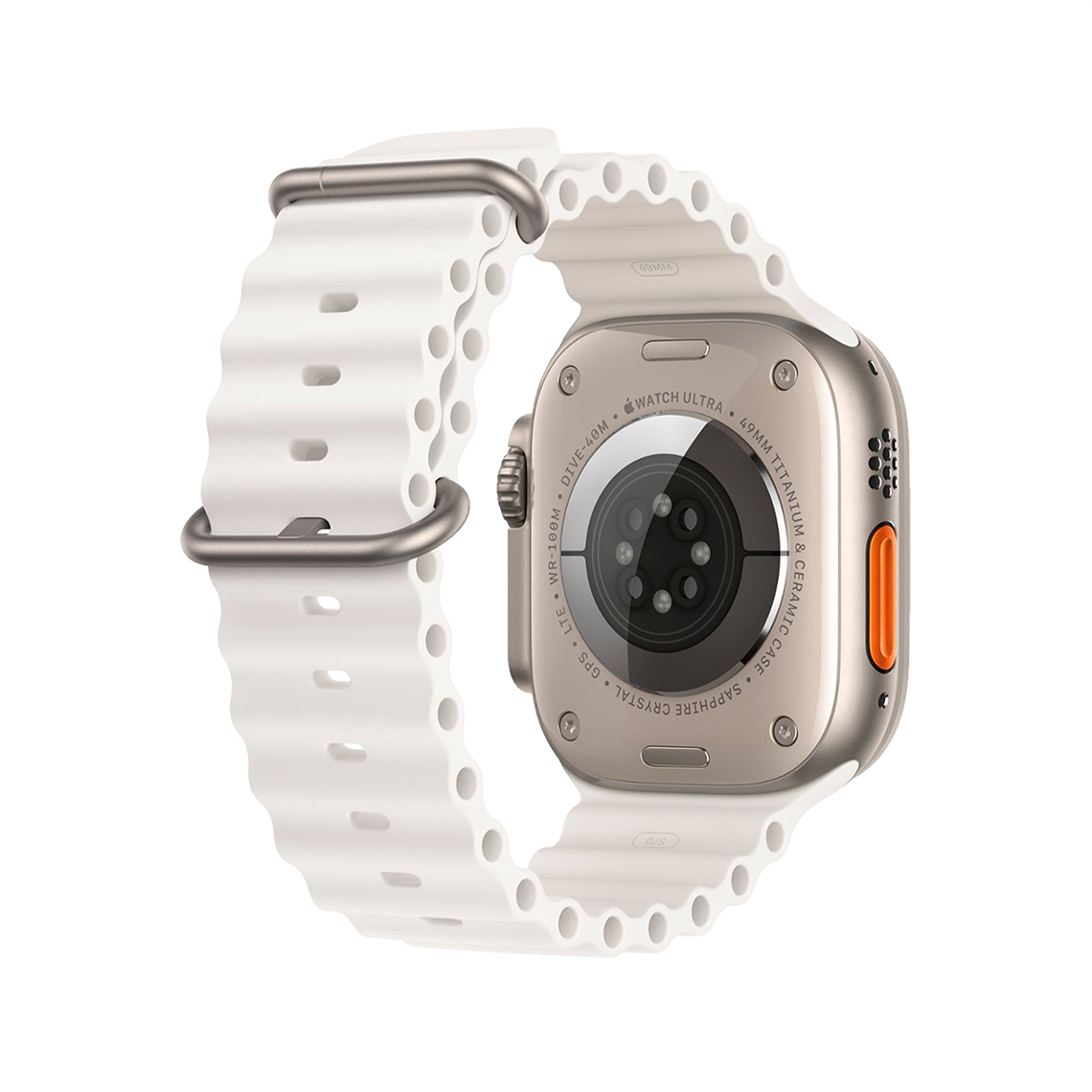 Apple Watch Ultra 2 Titanium with White Ocean Band rear view