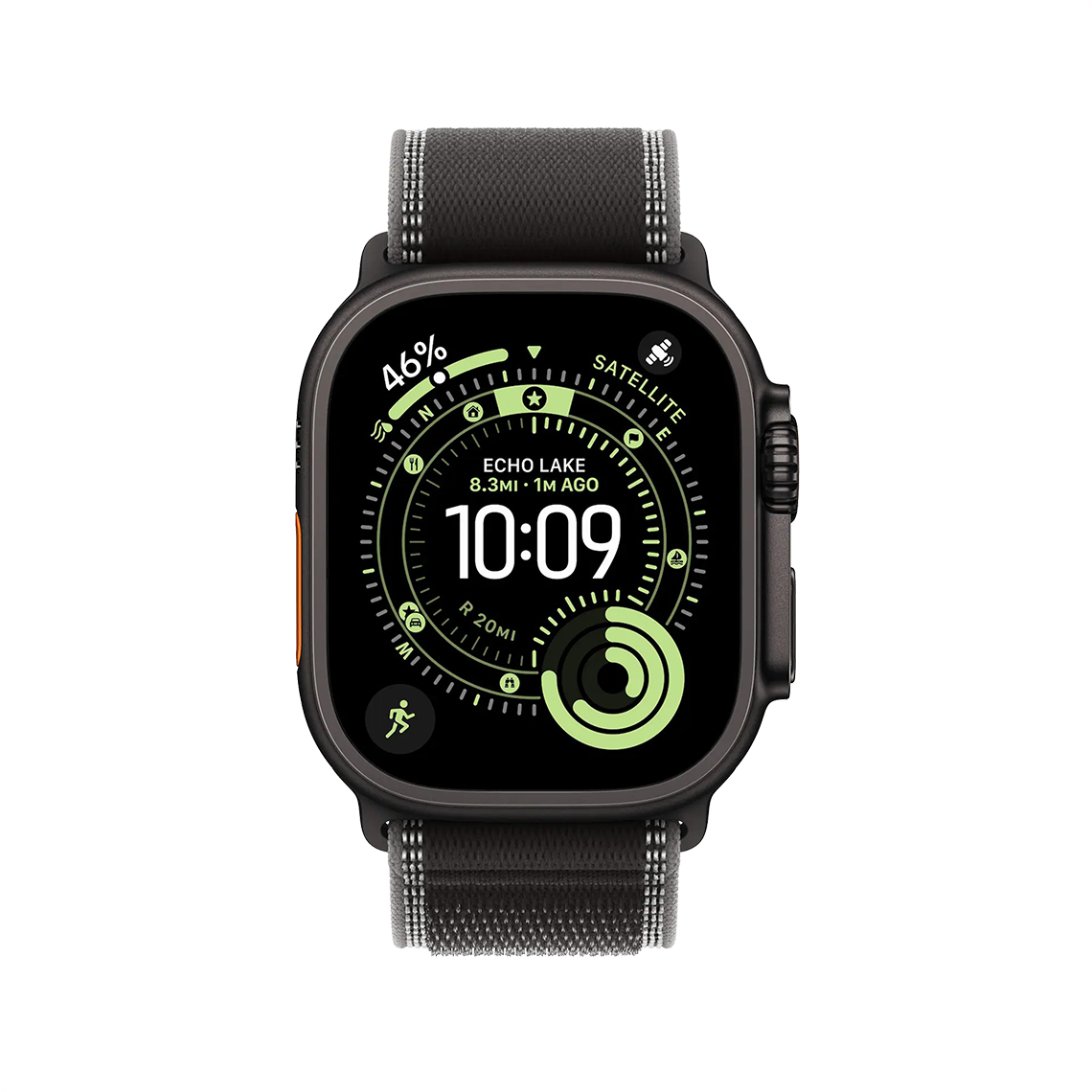 Apple Watch Ultra 2 Black Titanium with Black Charcoal Trail Loop front view