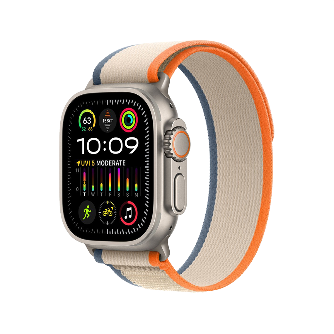Apple Watch Ultra 2 Titanium with Orange Beige Trail Loop side view