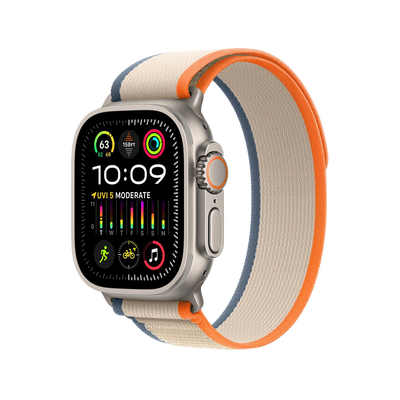 Apple Watch Ultra 2 Titanium with Orange Beige Trail Loop side view