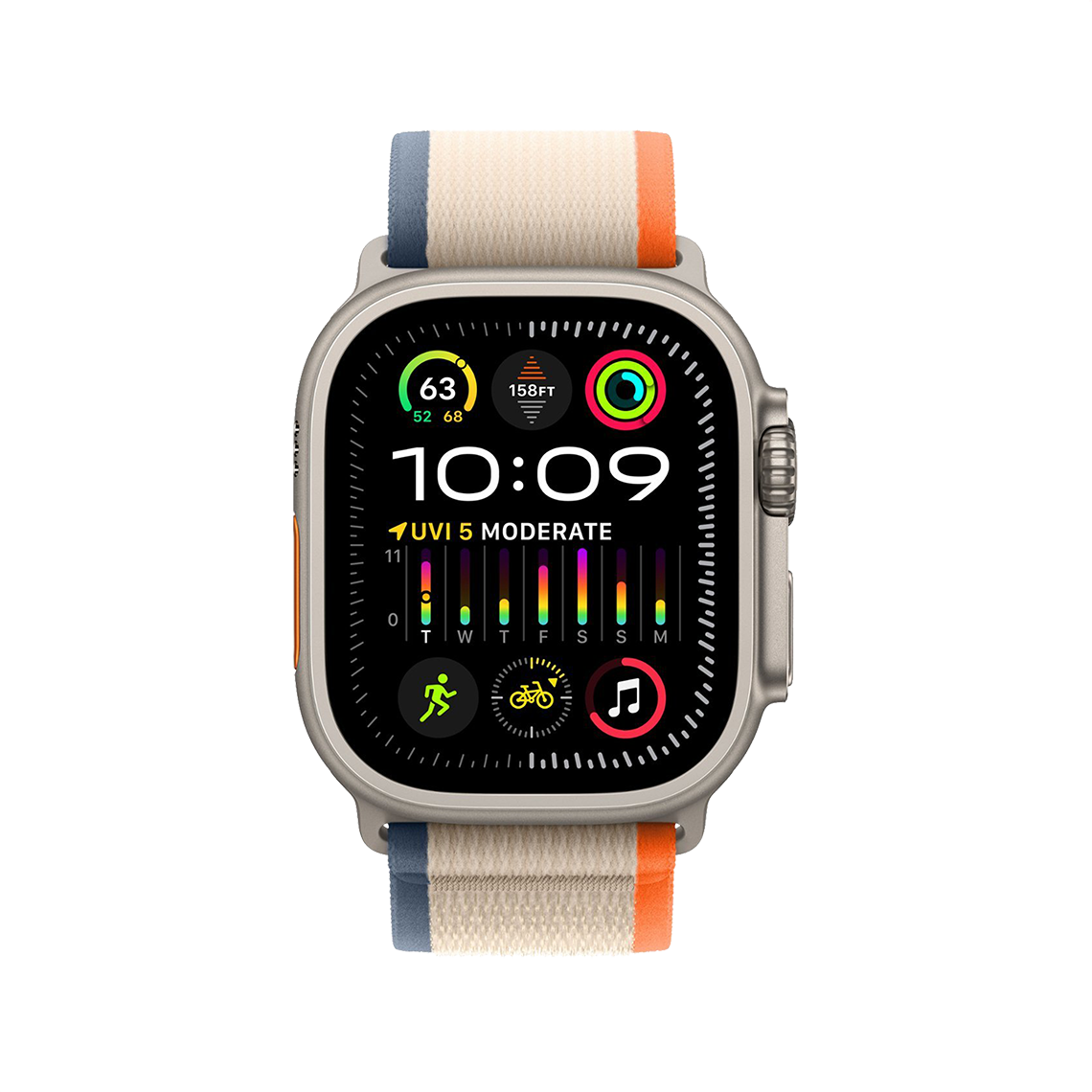 Apple Watch Ultra 2 Titanium with Orange Beige Trail Loop front view