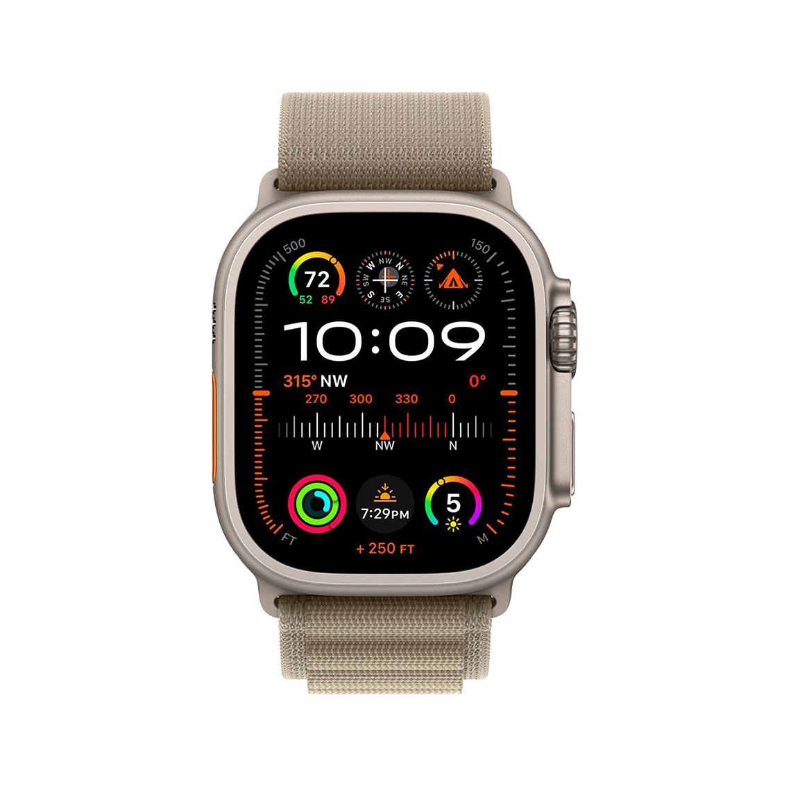 Apple Watch Ultra 2 Titanium with Olive Alpine Loop front view