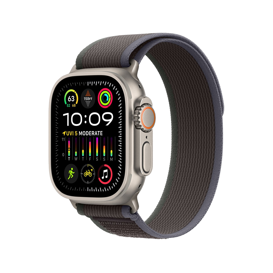 Apple Watch Ultra 2 Titanium with Blue Black Trail Loop side view