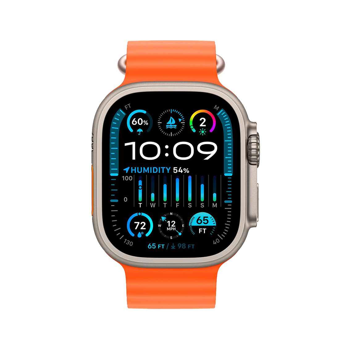 Apple Watch Ultra 2 Titanium with Orange Ocean Band front view