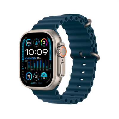 Apple Watch Ultra 2 Titanium with Blue Ocean Band side view