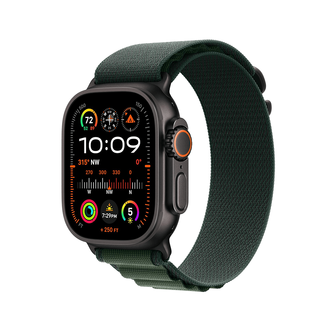 Apple Watch Ultra 2 Black Titanium with Dark Green Alpine Loop side view