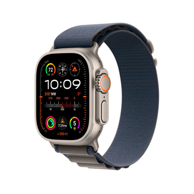 Apple Watch Ultra 2 Titanium with Blue Alpine Loop side view