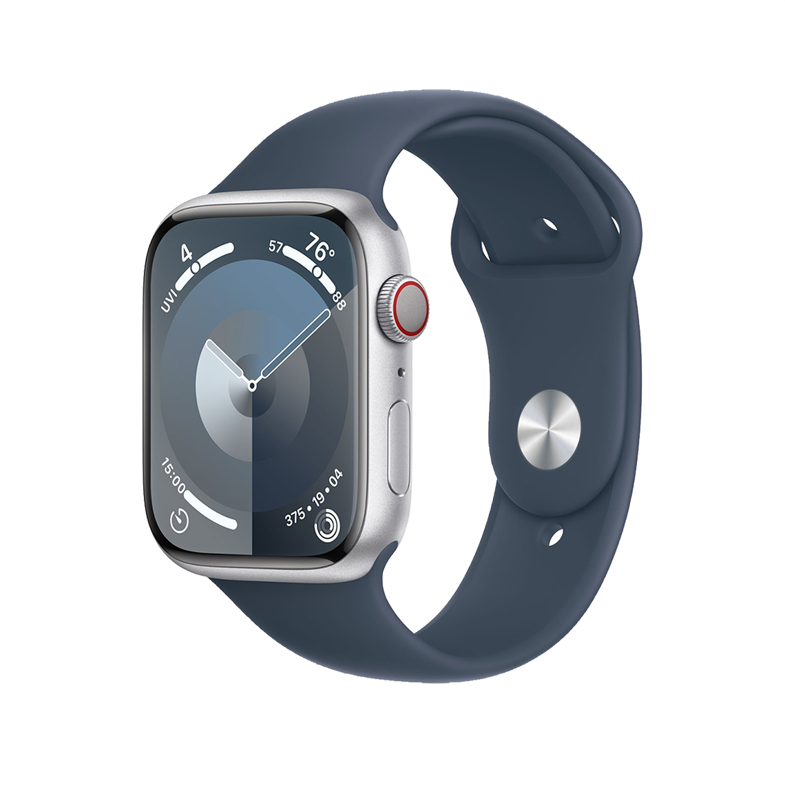 Apple Watch Series 9 41mm GPS + Cellular - Silver w/ M/L Storm Blue Sports Band, Grade A