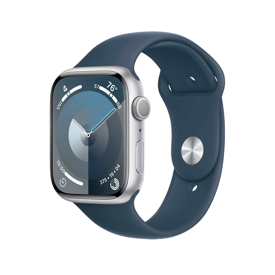 Apple Watch Series 9 45mm GPS - Silver w/ M/L Storm Blue Sports Band, Grade A